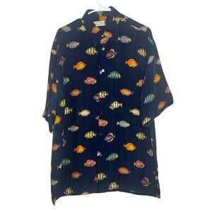 Riscatto Portofino Shirt Mens Large Blue Fish Print Made Italy 100% Cupro Casual